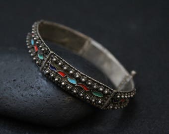Antique 1000 Silver and Enamel Etruscan Link Bracelet, Sterling Silver Enamel Link Bracelet, Fine Silver Link Bracelet, Balinese Sterling