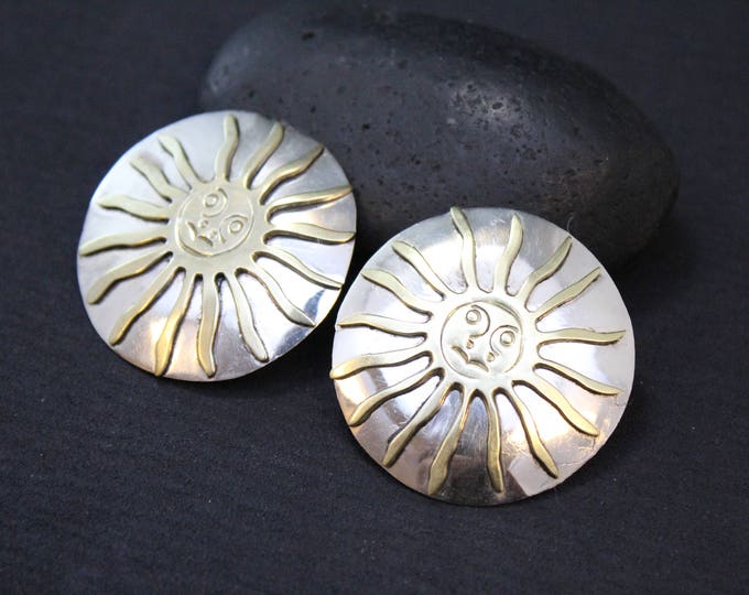 Large Taxco Sterling Silver and Brass Sun Face Earrings, Sterling Sun Earrings, Large Sterling Silver Earrings, Sterling Taxco Earrings