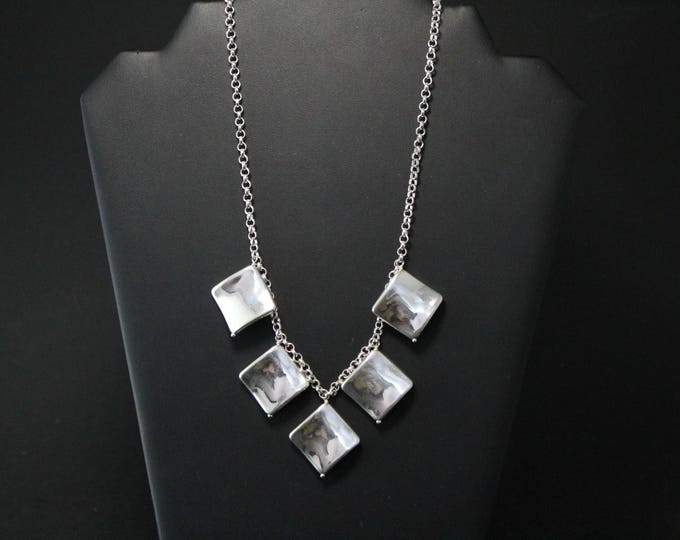 Sterling Silver Modernist Square Dangle Necklace, Modernist Sterling Silver Square Statement Necklace, Bold Sterling Silver Necklace