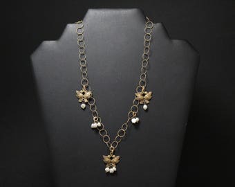 Sterling Silver Gold Overlay Bird Necklace, Bird Jewelry, Gold Pearl Necklace, Sterling Silver Bird Charm Necklace, Designer Necklace