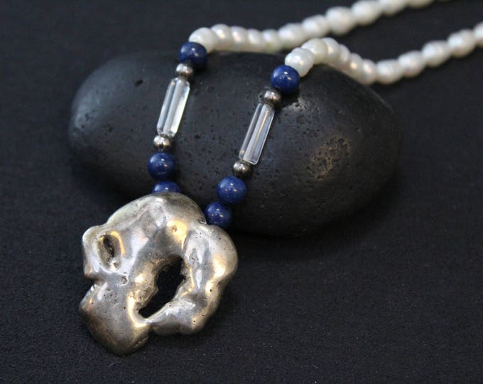 Sterling Silver Brutalist Pendant on Lapis and Pearl Chain, Sterling Silver Brutalist Necklace, Brutalist Jewelry, Raw Silver Pendant