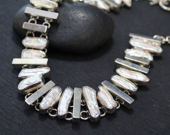 Sterling Silver and Pearl Statement Necklace, Sterling Statement Necklace, Sterling Silver Pearl Jewelry, Large Modernist Pearl Necklace