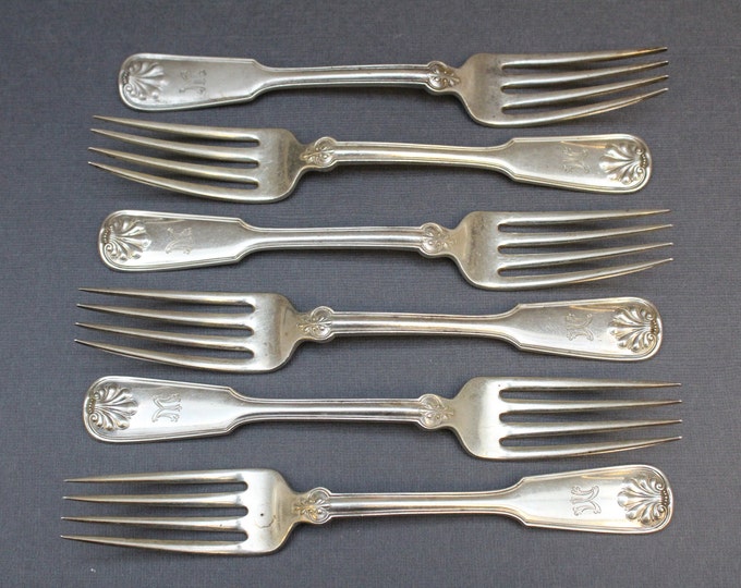 Set of 6 Sterling Silver Tiffany & Co Shell and Thread Forks with M Monogram, Tiffany Shell and Thread Flatware, Tiffany Shell Dinner Fork