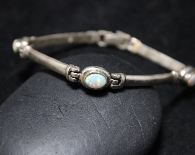 Vintage Silver and Synthetic Opal Bracelet, Sterling Silver Opal Link Bracelet, Silver Opal Jewelry, Opal Silver Line Bracelet