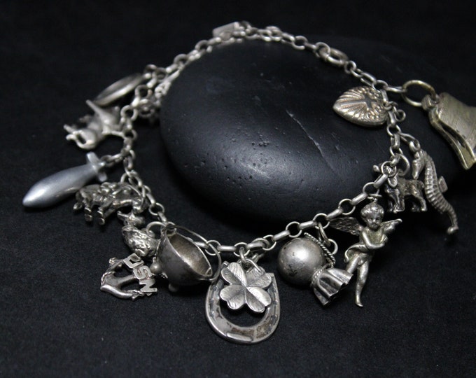 Loaded Sterling Silver Vintage Charm Bracelet, Lucky Vintage Charm Bracelet, Southwestern Charms, Old American Charm Bracelet,