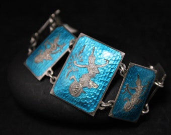 Sterling Silver Blue Siamese Niello Panel Link Bracelet, Silver Siam Panel Bracelet, Silver Siamese Panel Bracelet, Sterling Enamel Bracelet