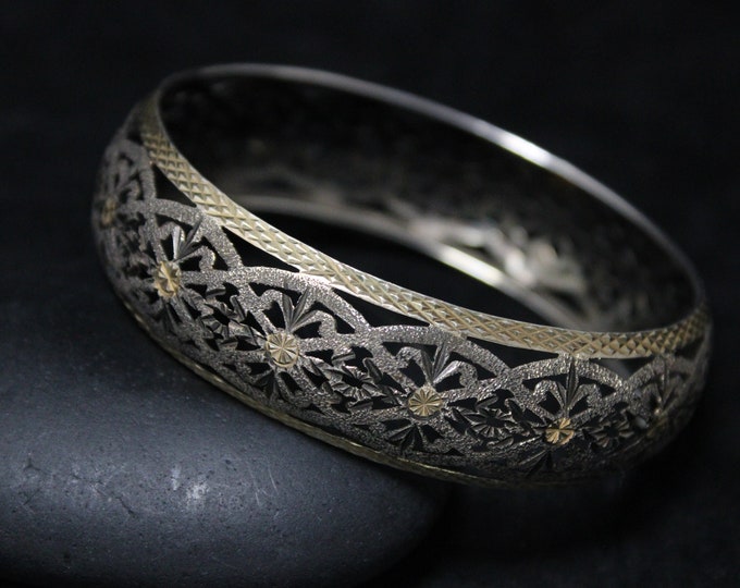 Ornate Oxidized Sterling Silver and Gold Over Lay Italy Bangle Bracelet, Antique Filigree Bangle, Antique Sterling Bracelet, Silver and Gold