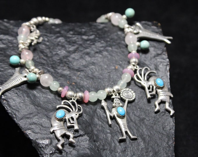 Sterling Silver Kokopelli Turquoise Necklace on Unique Beaded Chain With Rose Quartz and Aventurine, Kokopelli Necklace, Fertility Pendant