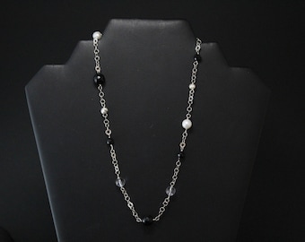Sterling Silver Asymmetrical Beaded Necklace, Sterling and Onyx Beads, Sterling and Pearl Beads, Sterling Silver Onyx Beaded Necklace