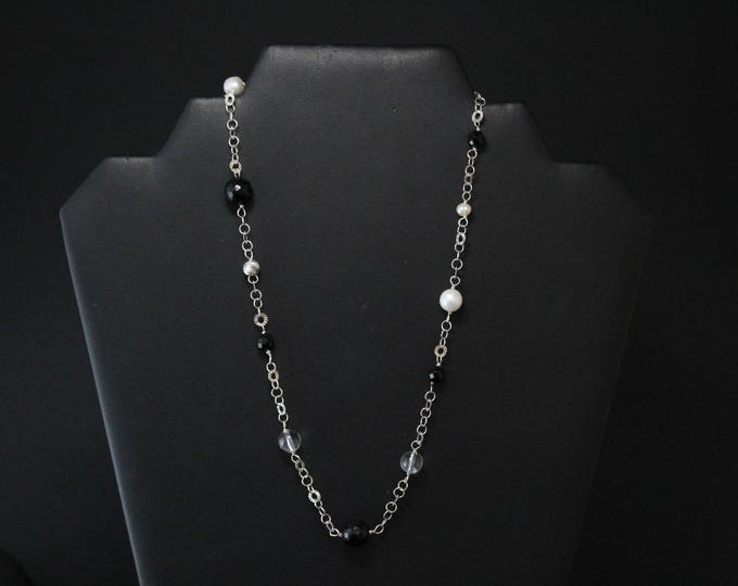 Sterling Silver Asymmetrical Beaded Necklace, Sterling and Onyx Beads, Sterling and Pearl Beads, Sterling Silver Onyx Beaded Necklace