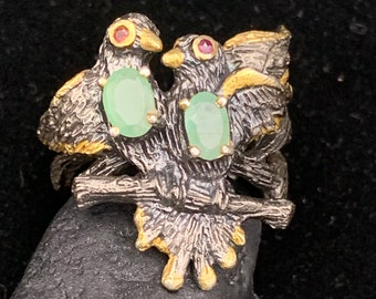 Bird Ring, Vintage Sterling Silver Bird Ring With Hints of Gold, Gold Accented 925 Love Birds Ring w/ Emeralds & Rubies, Birds of a Feather