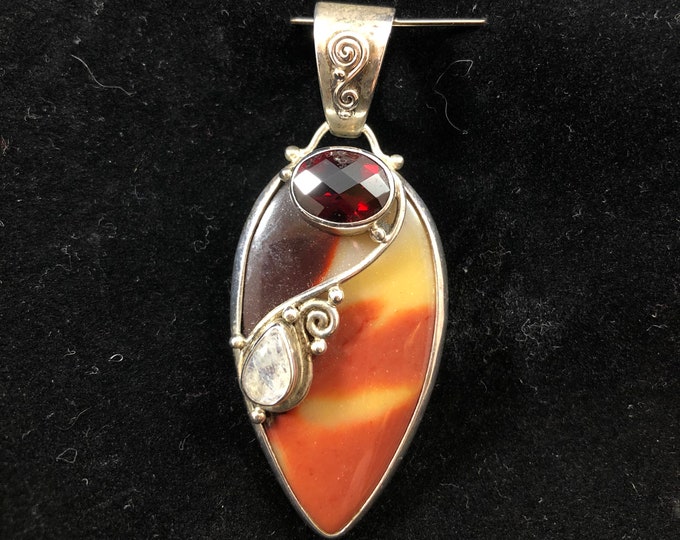 Sterling Silver Sajen Pendant, Jasper, Garnet and Moonstone Gemstones; Large Bali Sterling Silver Designer Jasper Pendant