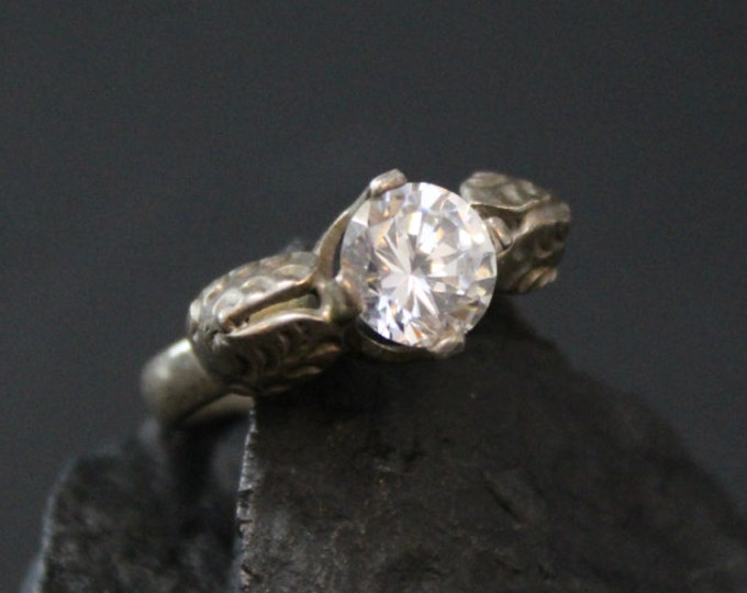 Vintage Sterling Silver Taxco CZ Engagement Ring with Sterling Leaf Accents