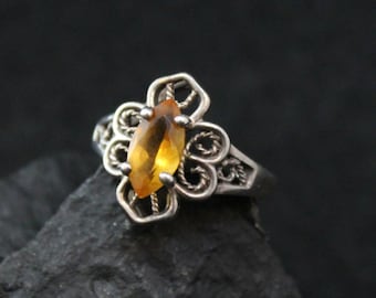 Sterling Filigree Ring, Gemstone Jewelry, Golden Gemstone Ring, Silver Filigree Jewelry, Vintage Ring with Gold Gem