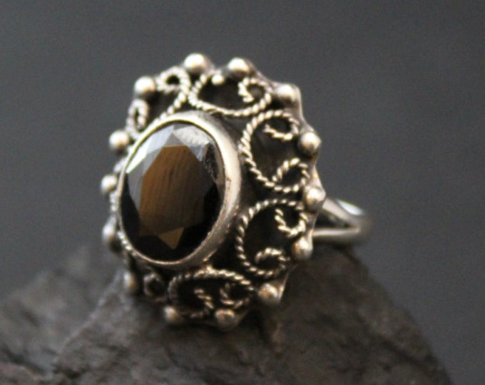 Sterling Silver Taxco Ring, Filigree Rope Ring, Black Onyx Jewelry, Bohemian Ring, Vintage Mexico Sterling