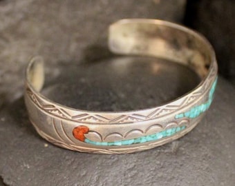 SIGNED J NEZZIE Sterling Silver Cuff, Vintage 925 Turquoise Chip Bracelet, Southwestern Boho Jewelry, Unique Blue And Red Stone Inlay