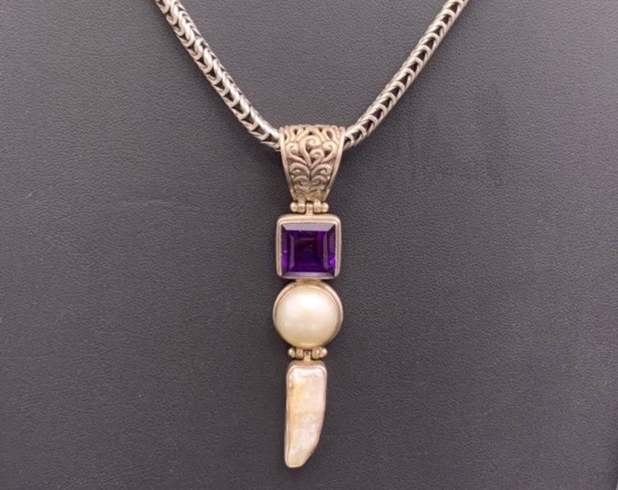 Articulating Sterling & Gemstone Pendant, 925 Amethyst Pearl Mother of Pearl Pendant, Dangling Sterling Silver Pendant on Balinese Necklace