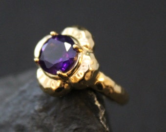 Sterling Silver Hammered Vermeil Amethyst Gemstone Flower Ring