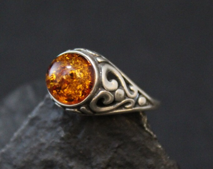 925 Sterling Silver Boho Sun-Spangled Amber Filigree Heart Ring, Organic Gemstone Ring Size 6