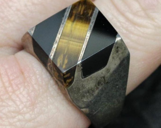 VTG 925 Mexican Silver Gemstone Inlay Signet Ring, Vintage Sterling Silver Square Statement Tiger's Eye Thumb Ring, US Size 14, TL-88