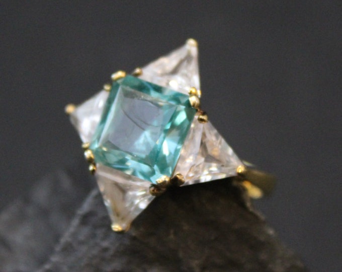Sterling Silver Gold Plated Teal and Colorless CZ Cocktail Ring