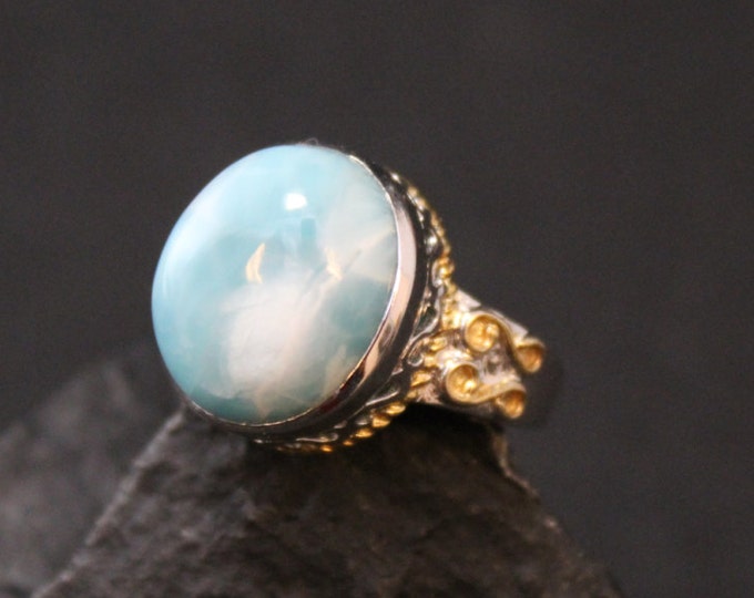 Sterling Silver Larimar Cabochon Two Tone Gemstone Ring with Gold Plated Accents