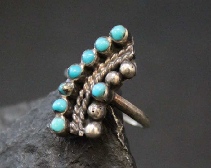 Vintage Southwestern Sterling Silver Old American Petit Point Turquoise Ring, Needle Point 925 Silver Ring