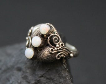 Sterling Silver and Synthetic Opal Sterling Boho Leaf Ring