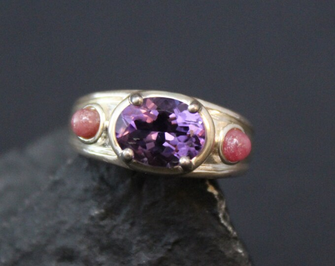 Sterling Silver Gemstone Band Ring with Amethyst and Rhodochrosite