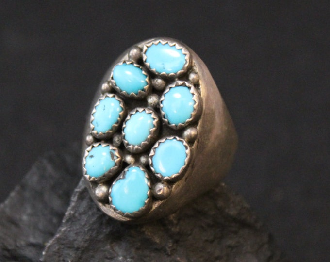 Sterling Silver Signed Turquoise Cluster Ring, Large Unisex 925 Ring