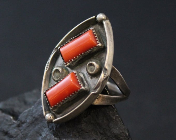 Sterling Silver Vintage American Coral Marquis Ring, Southwestern Vintage American Coral Marquis Ring