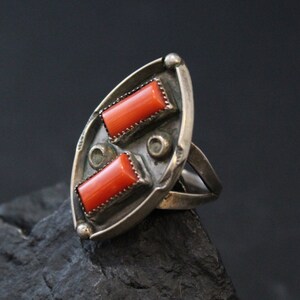 Sterling Silver Vintage American Coral Marquis Ring, Southwestern Vintage American Coral Marquis Ring