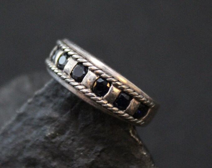 Sterling Silver and Synthetic Sapphire Band Ring with Rope Border