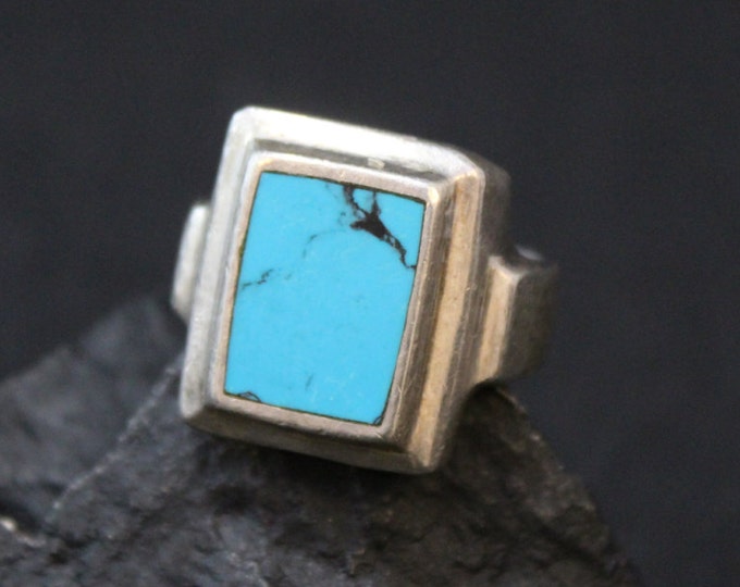 Sterling Silver and Faux Turquoise Mexico Rectangular Unisex Ring, Square Synthetic Turquoise Ring,