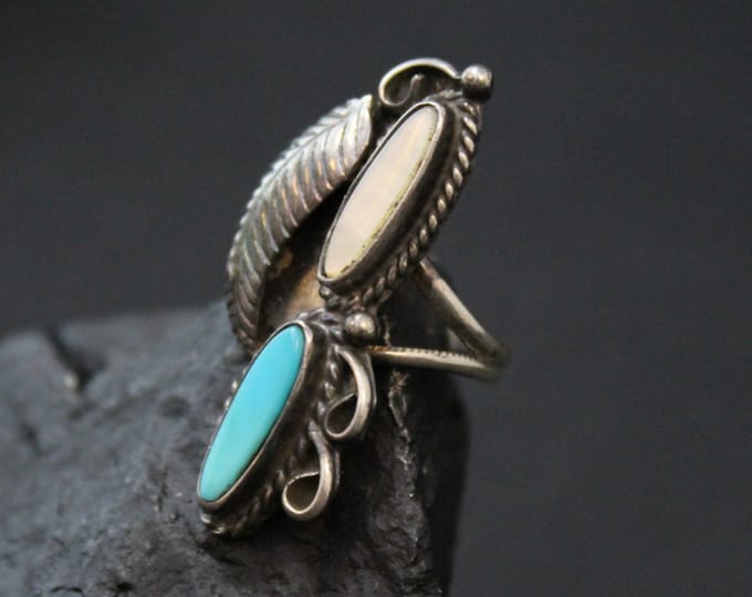 Vintage Sterling Silver Long Ring with Turquoise, Mother of Pearl, and Leaf Accent