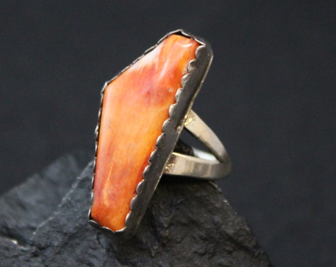 Sterling Silver Spiny Oyster Long Statement Ring, Spiny Oyster Jewelry, Orange Gemstone Ring,  Oyster Ring