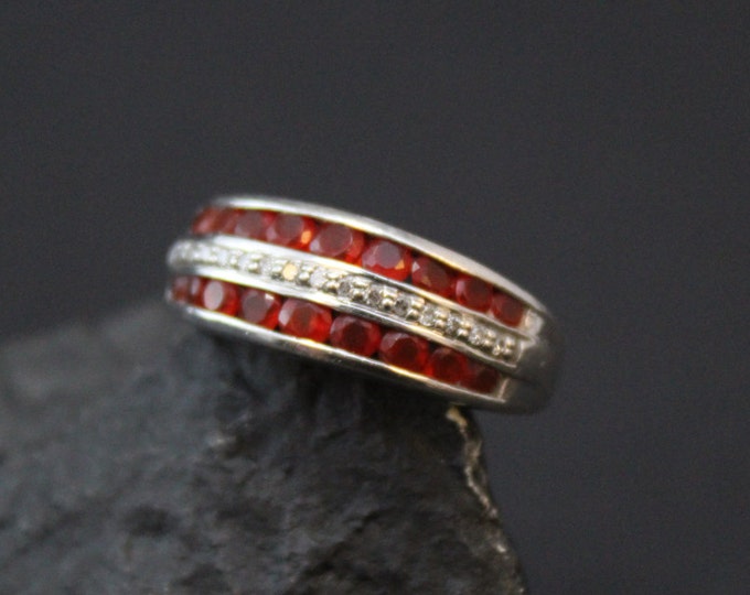 Sterling Silver and Red Gemstone Striped Band Ring