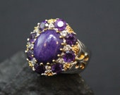 Designer Signed Two Tone Sterling Silver and Amethyst Edwardian Revival Statement Ring