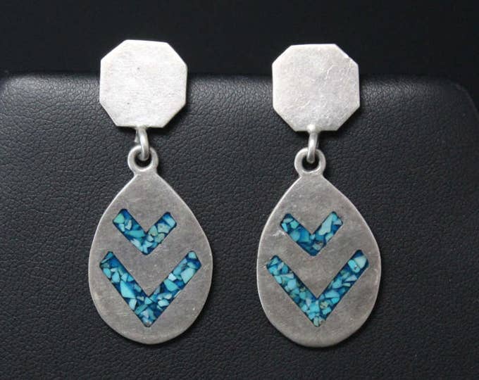 Sterling Turquoise Taxco Dangle Earrings, Turquoise Chip Inlay, Earrings, Vintage Taxco Jewelry, Turquoise Dangle Earrings