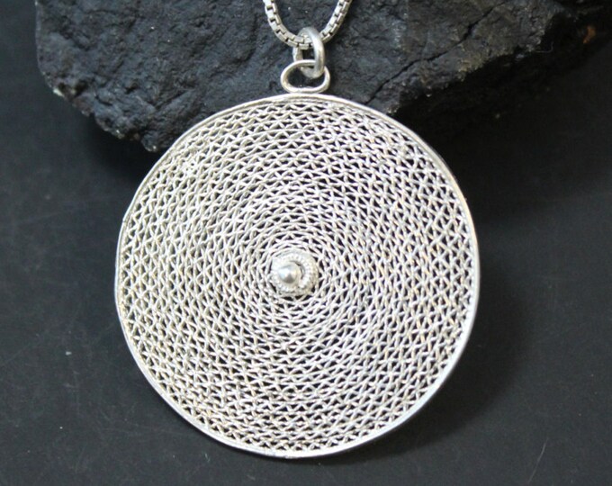 Sterling Silver Intricate Modernist Circle Pendant on 19 and 1/2 inch Sterling Silver Box Chain