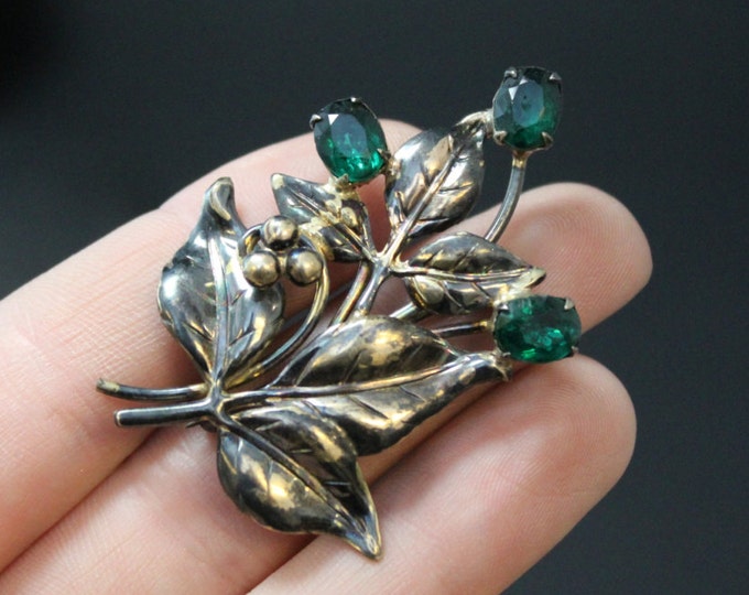 Sterling Silver and 12K Gold Fill Two Tone Green Glass Paste Vintage Leaf and Berry Brooch Pin