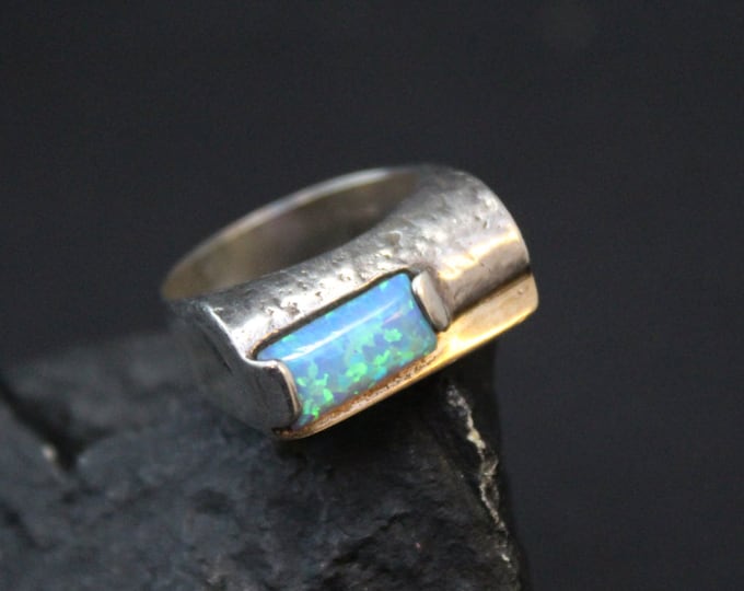 Sterling Silver and 14K Yellow Gold Two Tone Synthetic Opal Abstract Modernist Ring
