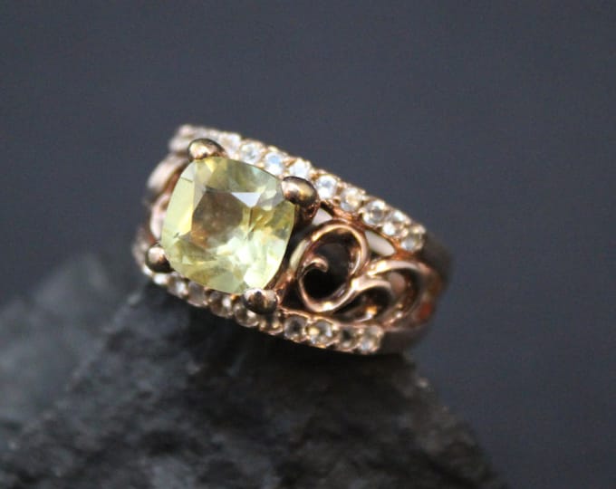 Sterling Silver Rose Gold Vermeil Lemon Quartz Swirl Ring with CZ Accents