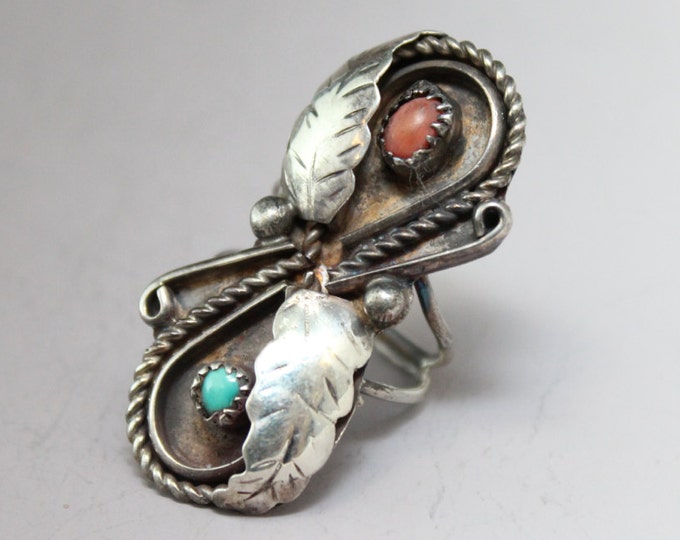 Vintage Sterling Silver Long Turquoise and Coral Ring with Leaves and Rope, Vintage 925