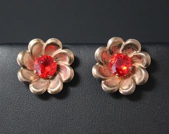 Sterling Silver Rose Gold Plated Red Glass Gem Retro Mid Century Flower Screw Back Earrings