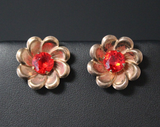 Sterling Silver Rose Gold Plated Red Glass Gem Retro Mid Century Flower Screw Back Earrings