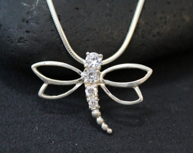 Sterling Silver and CZ Dragonfly Necklace on 18 inch Sterling Silver Snake Chain