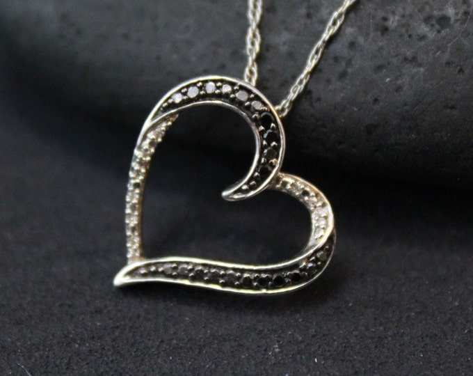 Valentine's Day Sterling Silver Black and White Open Heart Necklace with Genuine Diamonds