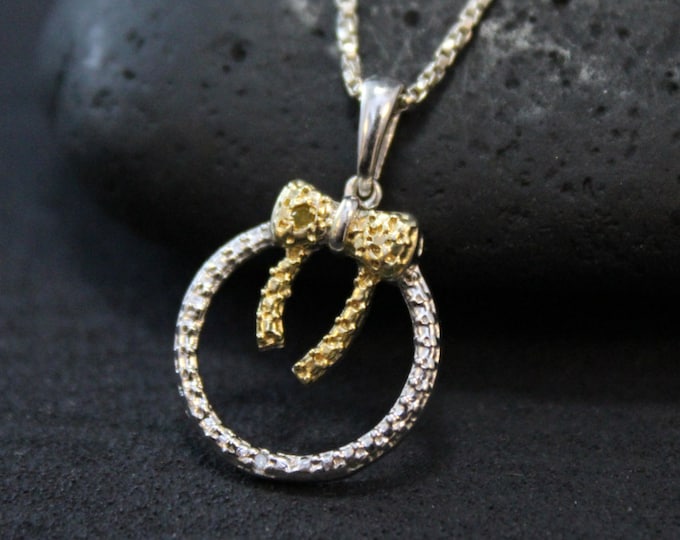 Sterling Silver Two Tone Gold and Silver Bow and Circle Necklace on 15 and 1/2 inch Chain