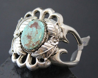 Sterling Silver American Cast Cuff Bracelet Featuring Turquoise Mountain Turquoise by Rose Chee